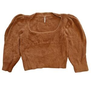 Free People Fuzzy Knit Puff Sleeve Square Neck Sweater Camel Tan M